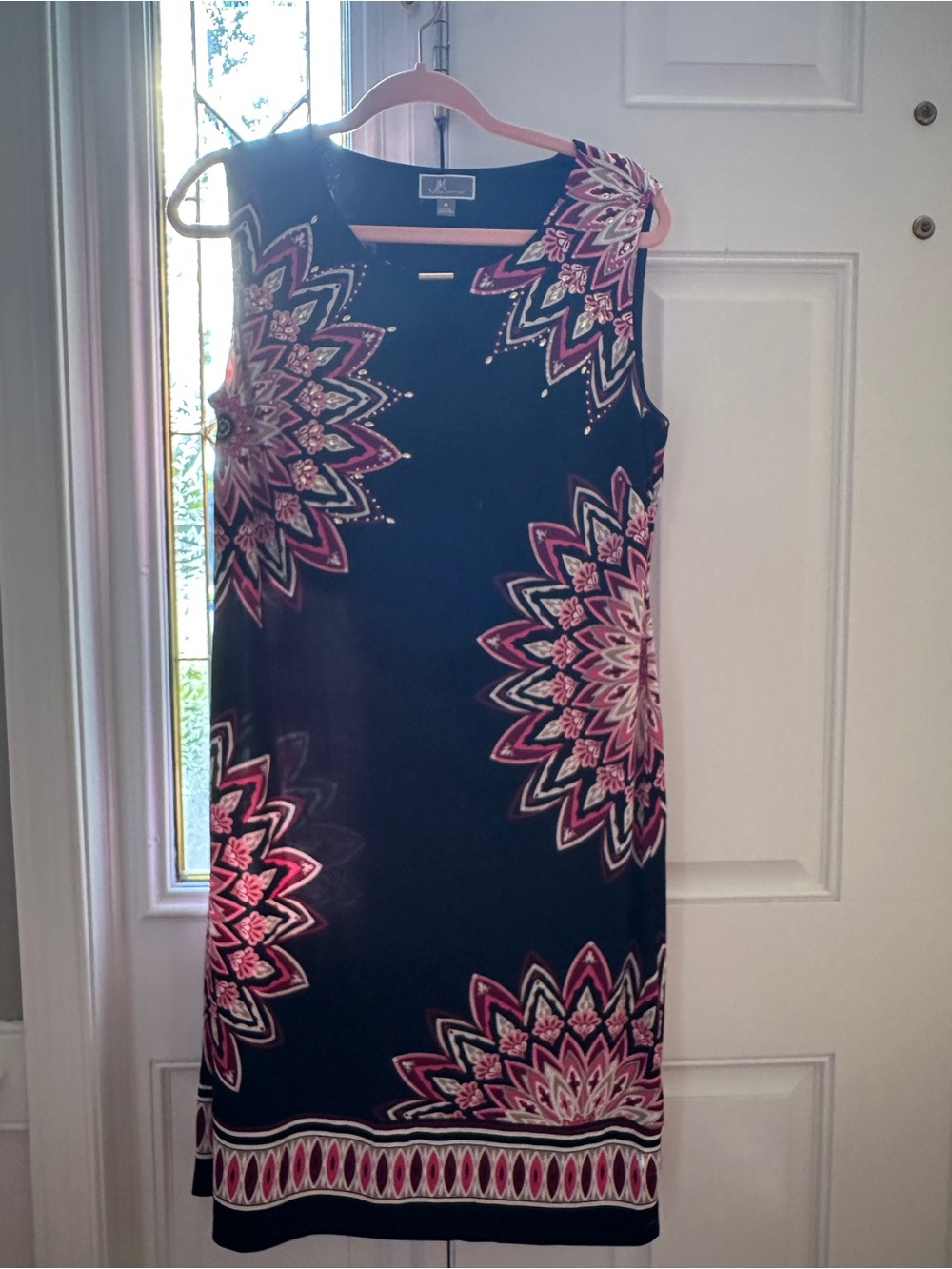 Sleeveless Black Dress with Pink Floral Medallion Print